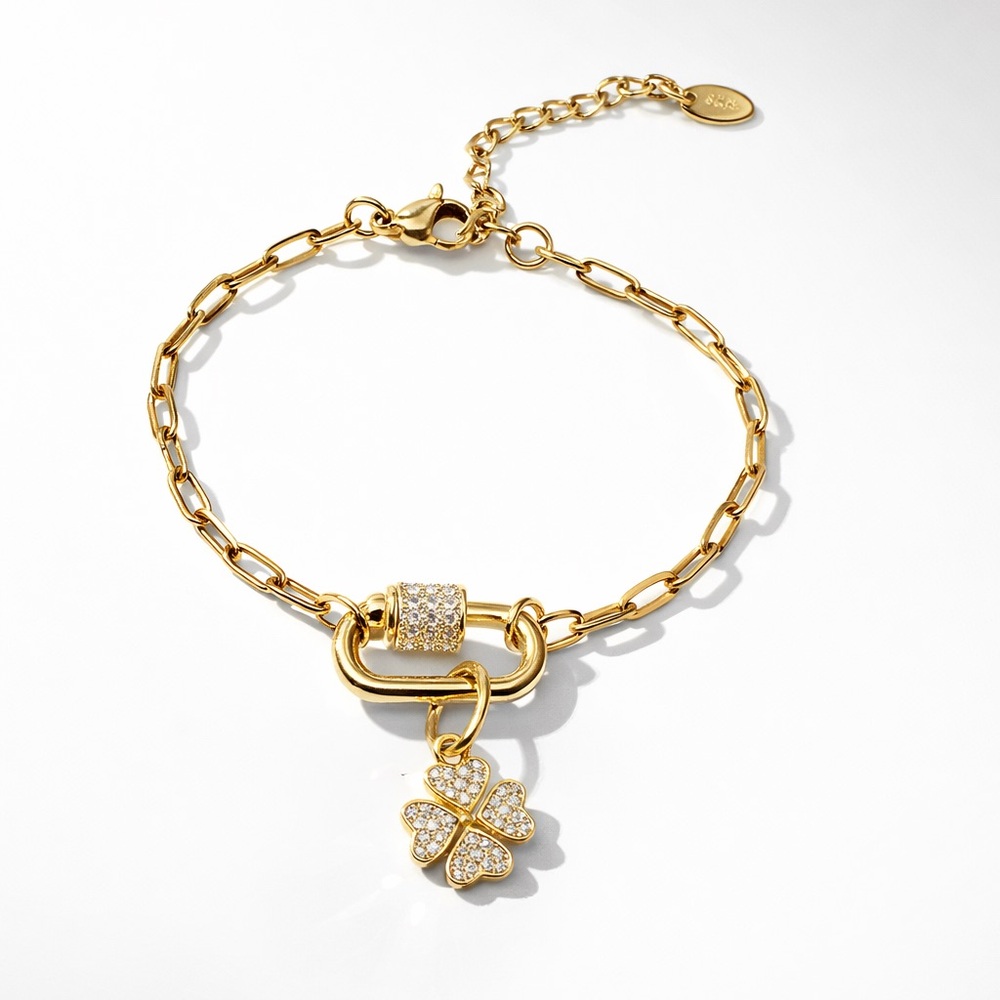 NEW 18K GOLD PLATED OVAL CARABINER BRACELET WITH STERLING SILVER CLOVER CHARM